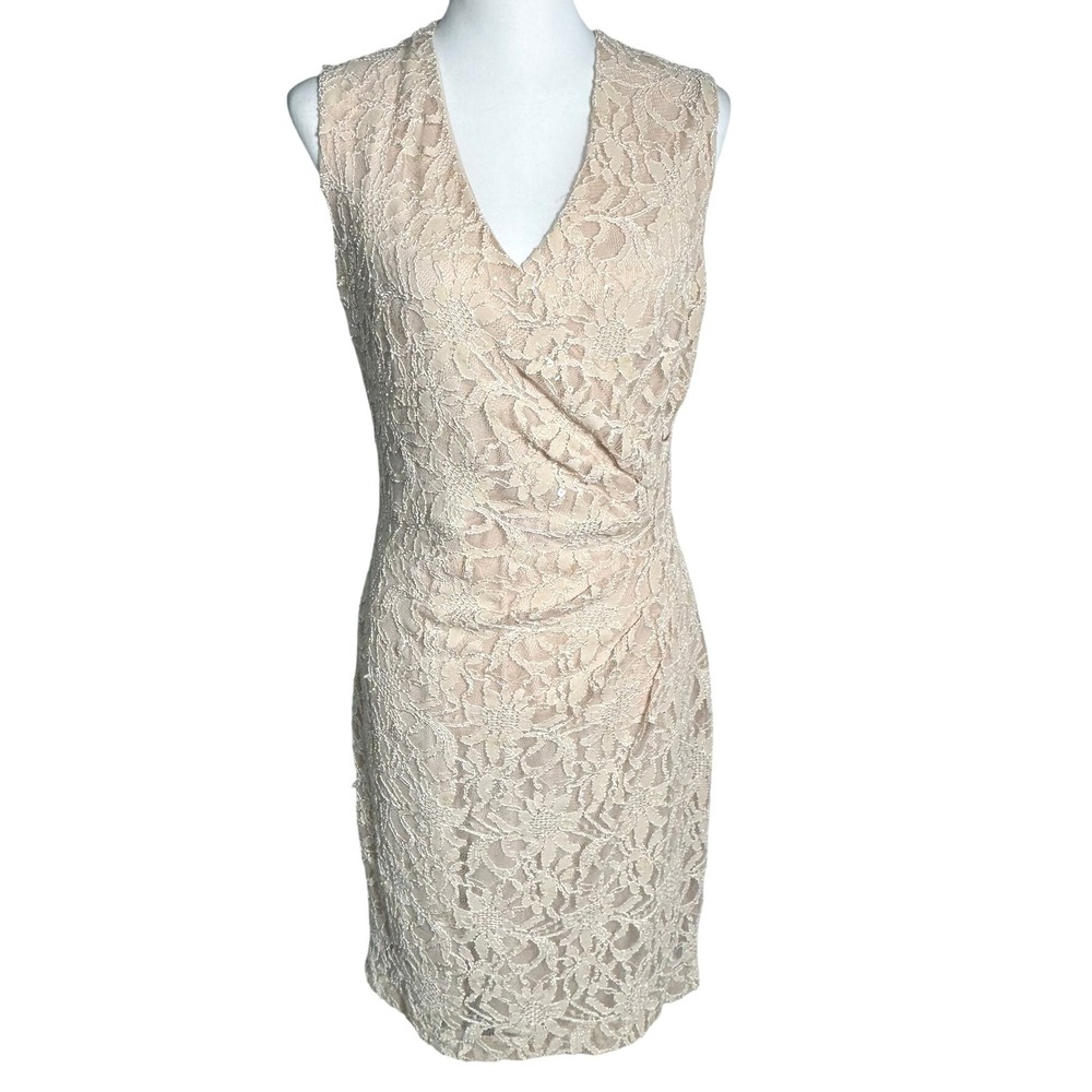 LAUREN RALPH LAUREN Size 8 Beige Cream Lace Sleeveless VNeck Sheath Dress Formal